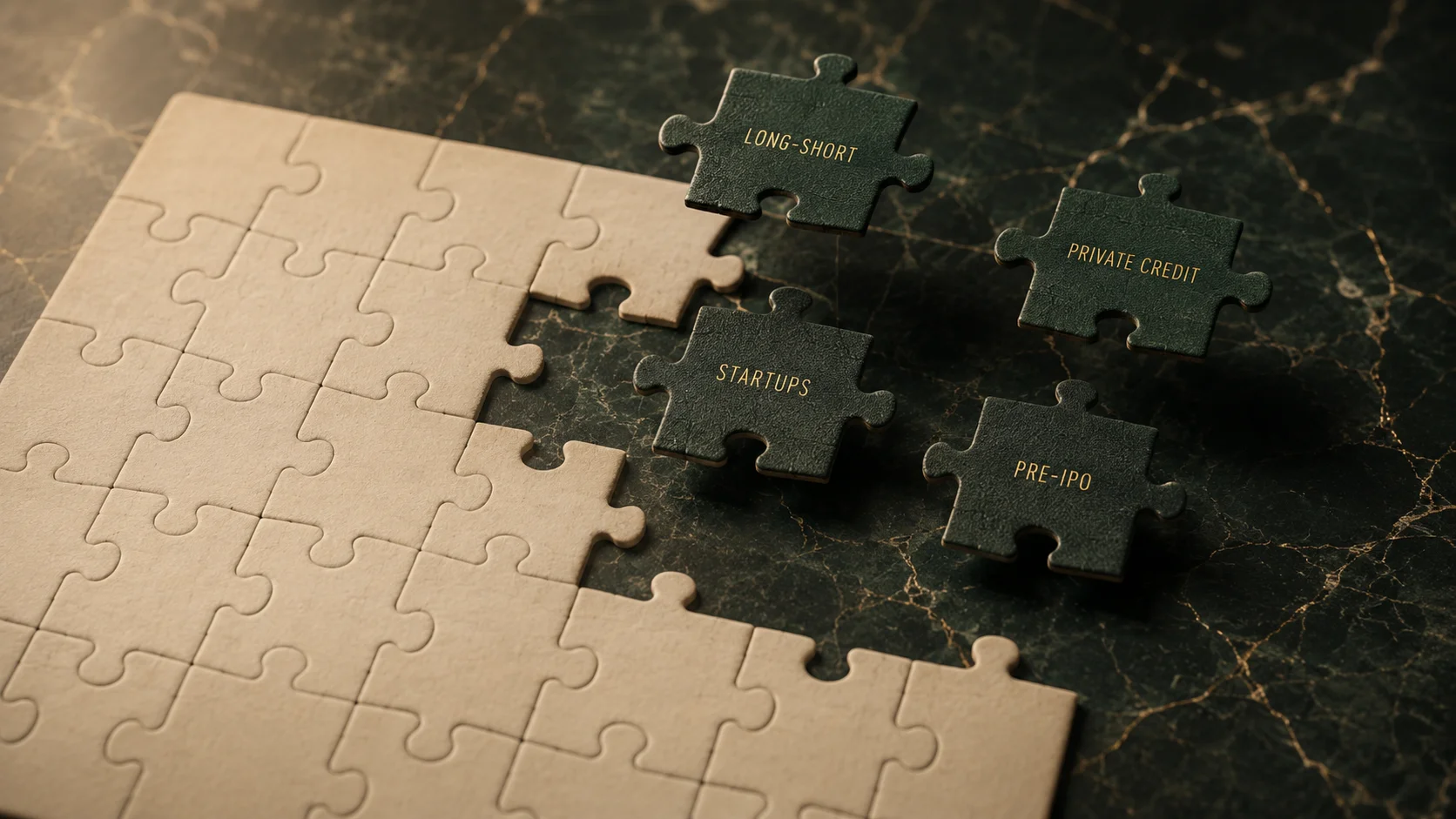 Jigsaw puzzle with mutual fund pieces assembled and AIF strategy pieces — Long-Short, Private Credit, Startups, Pre-IPO — waiting to be placed