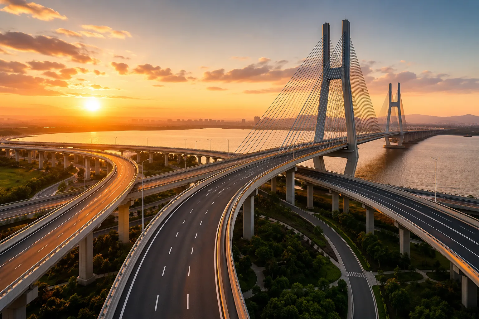 Cable-stayed bridge and highway interchange at sunset — infrastructure and real assets