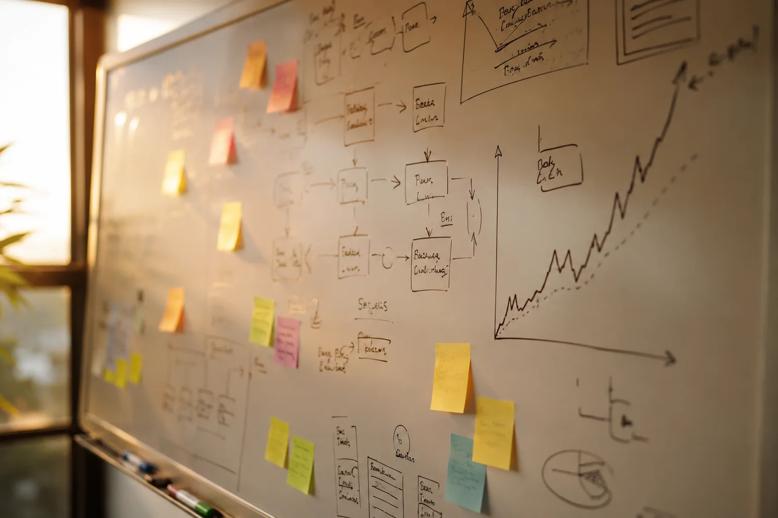 Startup whiteboard with business model flowcharts, sticky notes, and growth chart — early-stage company planning