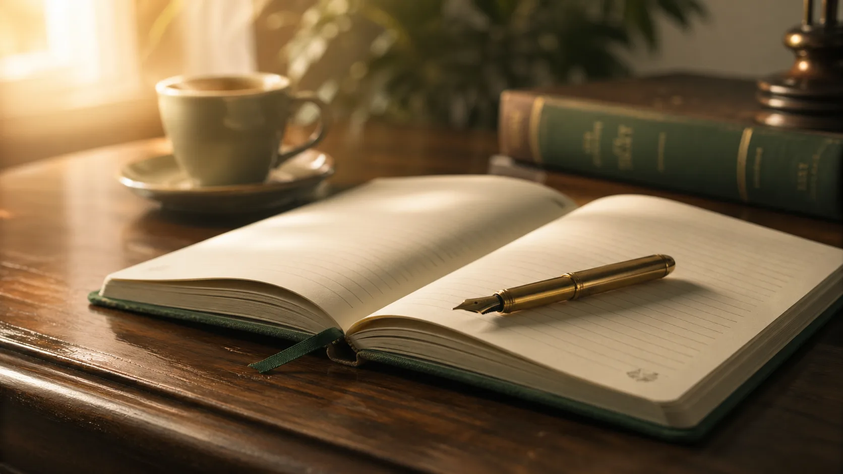 Open notebook with fountain pen on a wooden desk