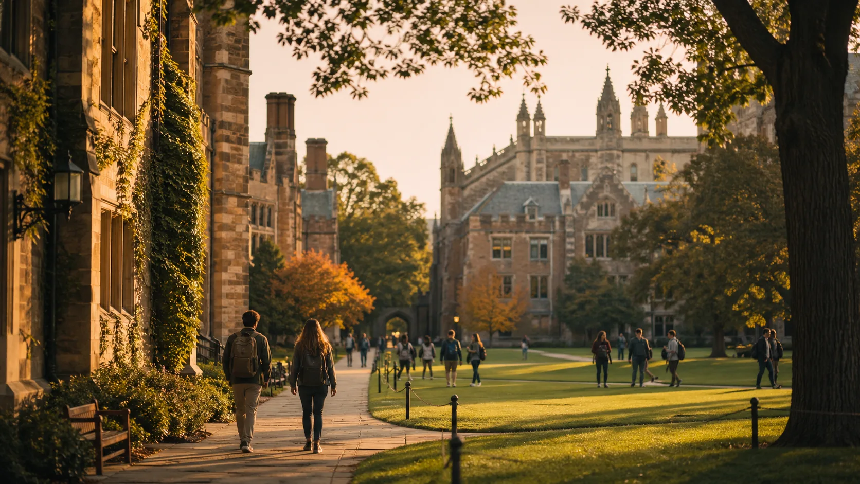 Golden hour university campus with students