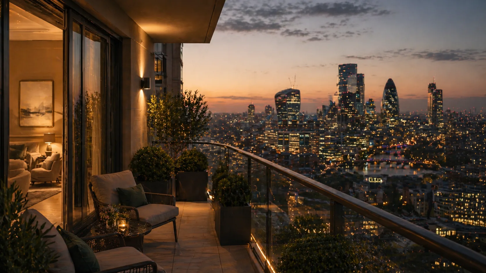 Luxury London balcony at dusk overlooking the city