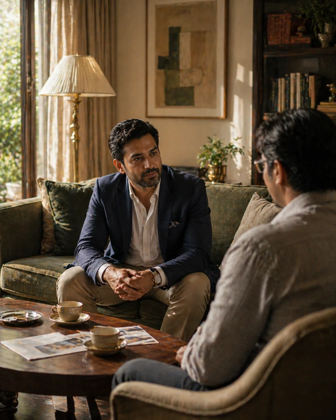 A conversation with a family — warm afternoon light, South Delhi home