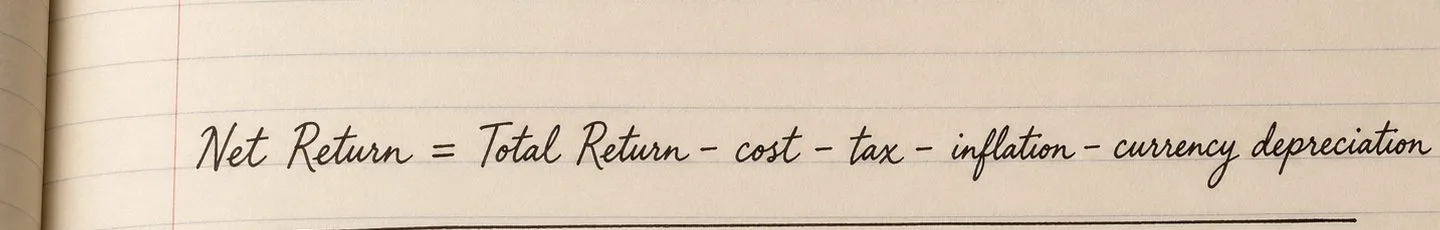 Net Return = Total Return − cost − tax − inflation − currency depreciation