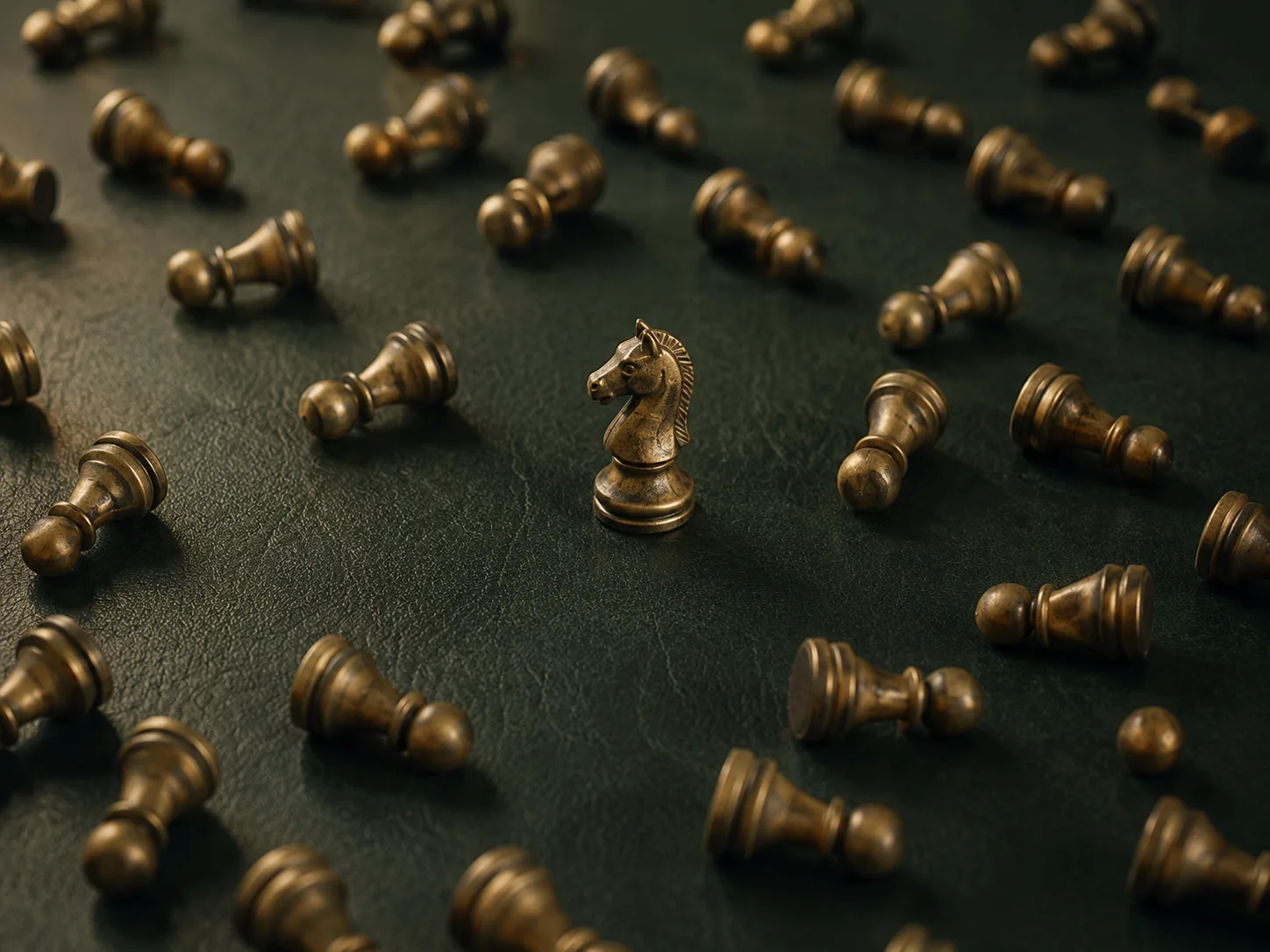 A brass chess knight standing among fallen pawns — selection among many