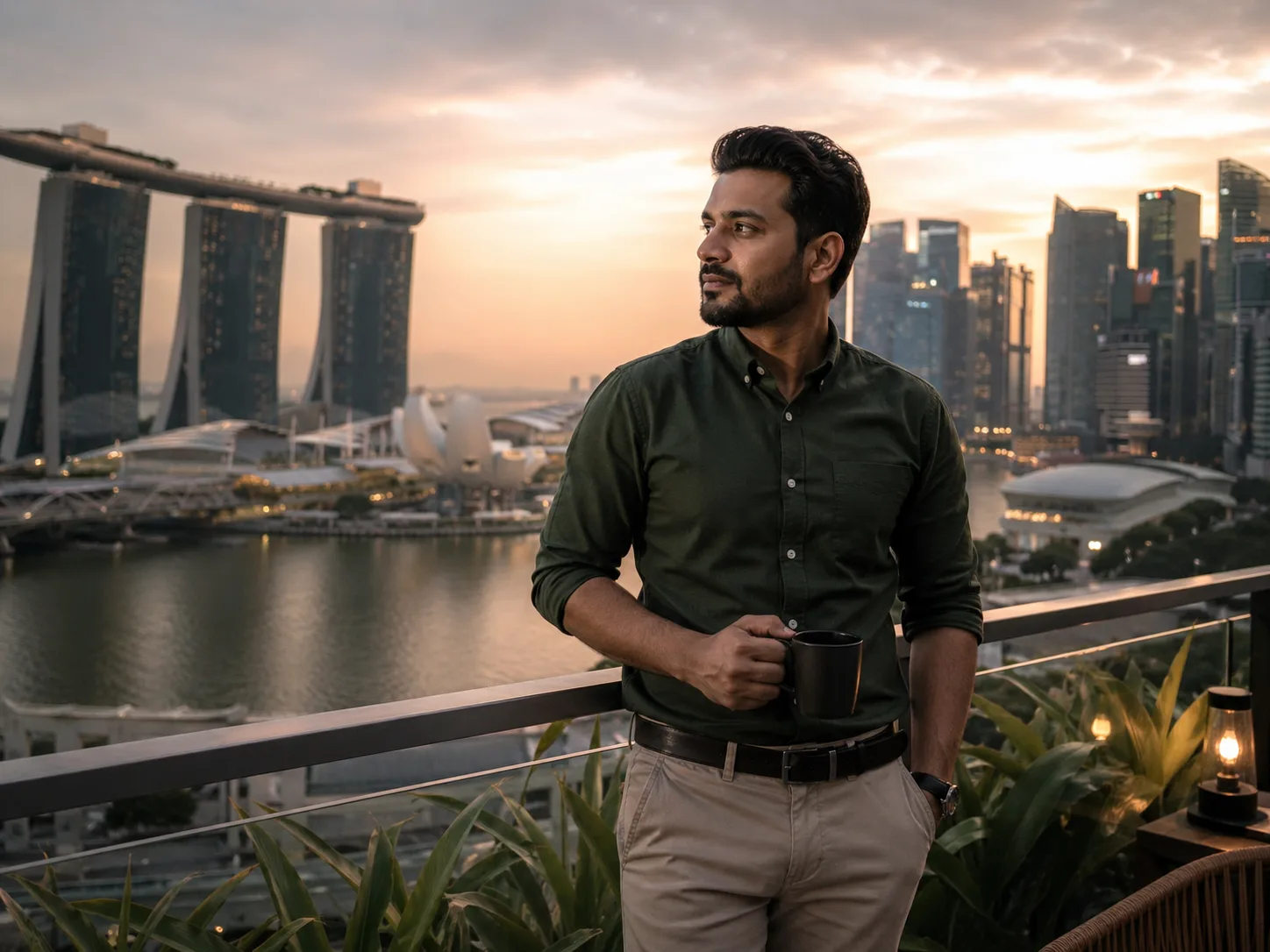 Indian professional overlooking Singapore skyline at dusk