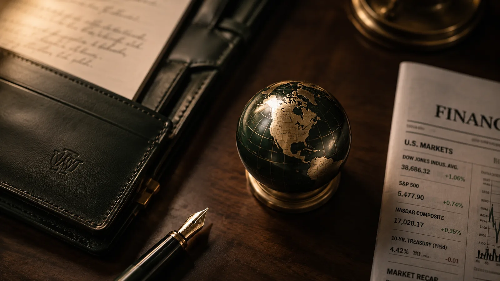 Global investment desk — portfolio, pen, and globe
